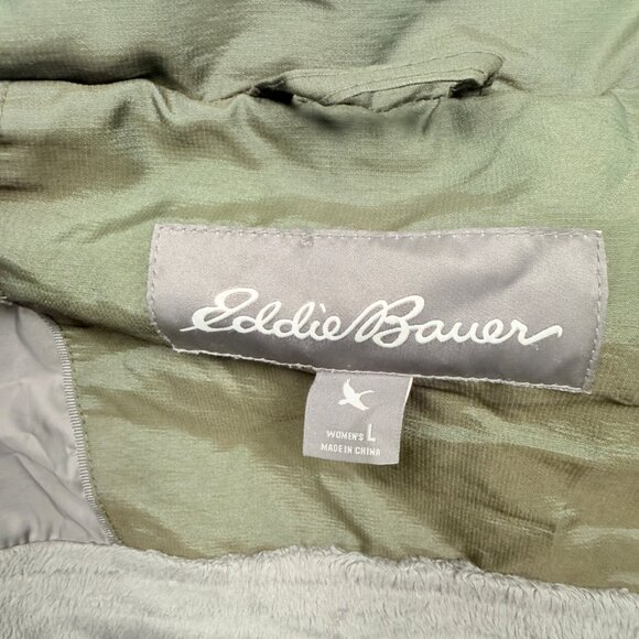 Eddie Bauer Long Puffer Down Coat Quilted Olive Green Nylon Blend Size L - Picture 8 of 9